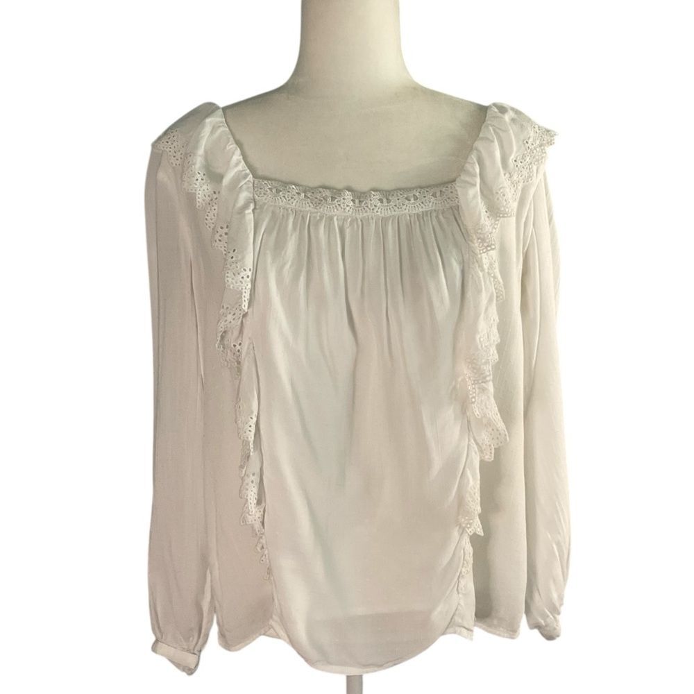 Paige White Brylen Swiss Dot Eyelet Ruffle Square Neck Long Sleeve Top Size L
